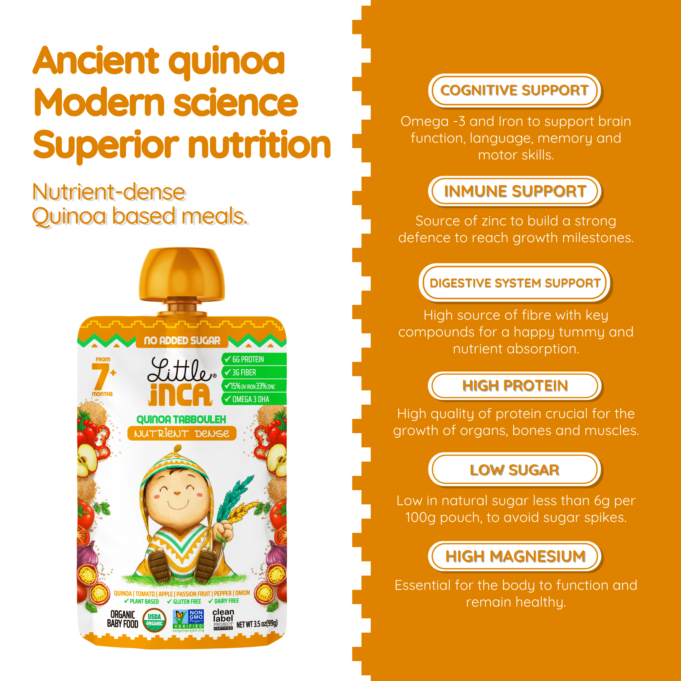 Little Inca Stage 2 Baby Food Pouches, Quinoa Tabbouleh Baby Puree, Plant Based High Protein, Dairy-Free, 6 x 3.5oz