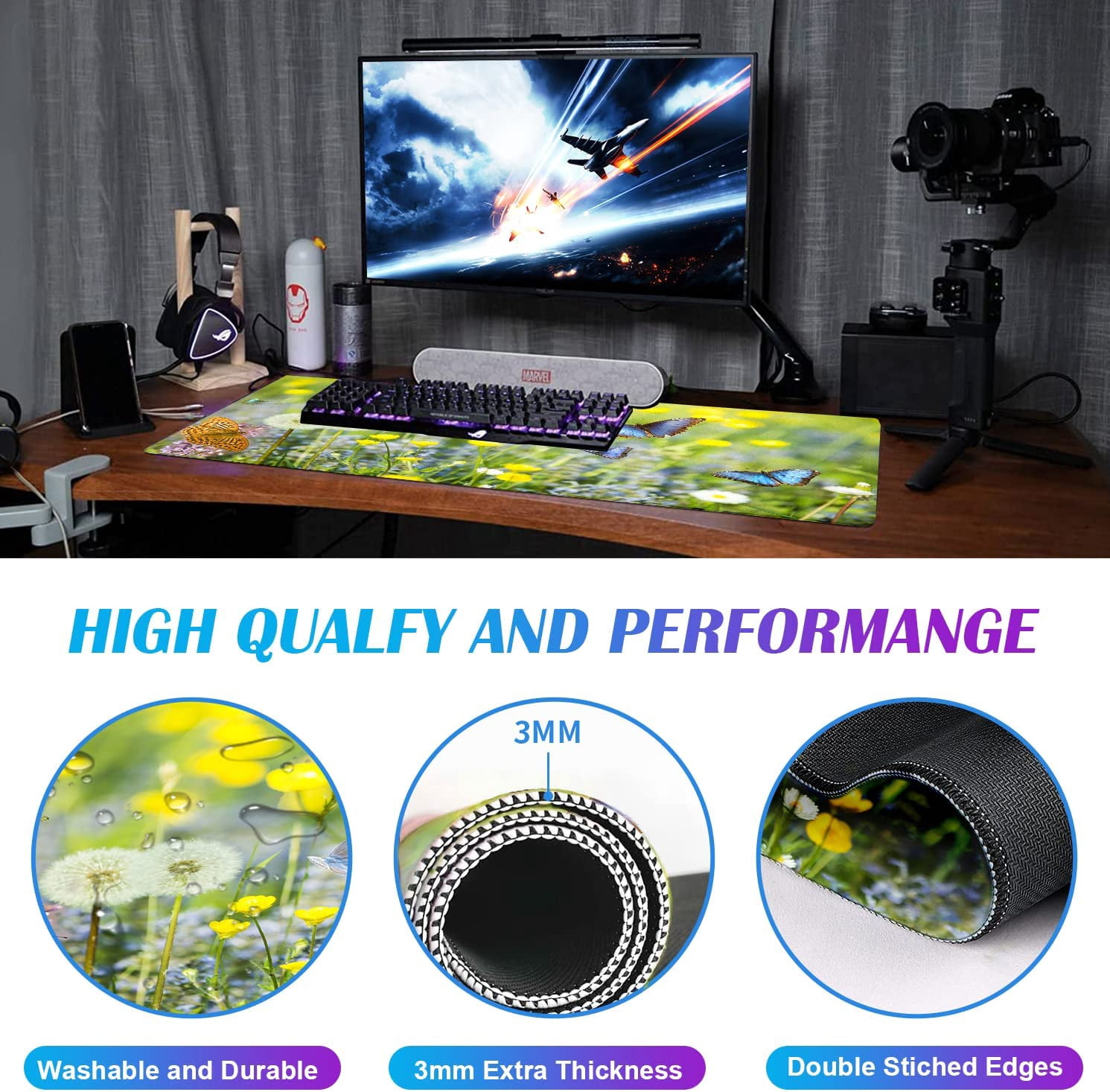 Large Extended Gaming Mouse Pad with Stitched Edges, Non-Slip Waterproof Rubber Base Mouse Pad for Office, Computer, Keyboard, Laptop and Home Desk Pad 35.4 x 15.7 x 0.12 Inch (Butterfly Wildflowers)