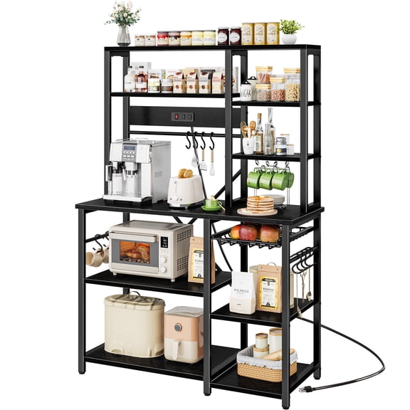 Amadwell 39.4" Large Bakers Rack, 6-Tier Microwave Stand with Power Outlets, Kitchen Shelf with Wire Basket