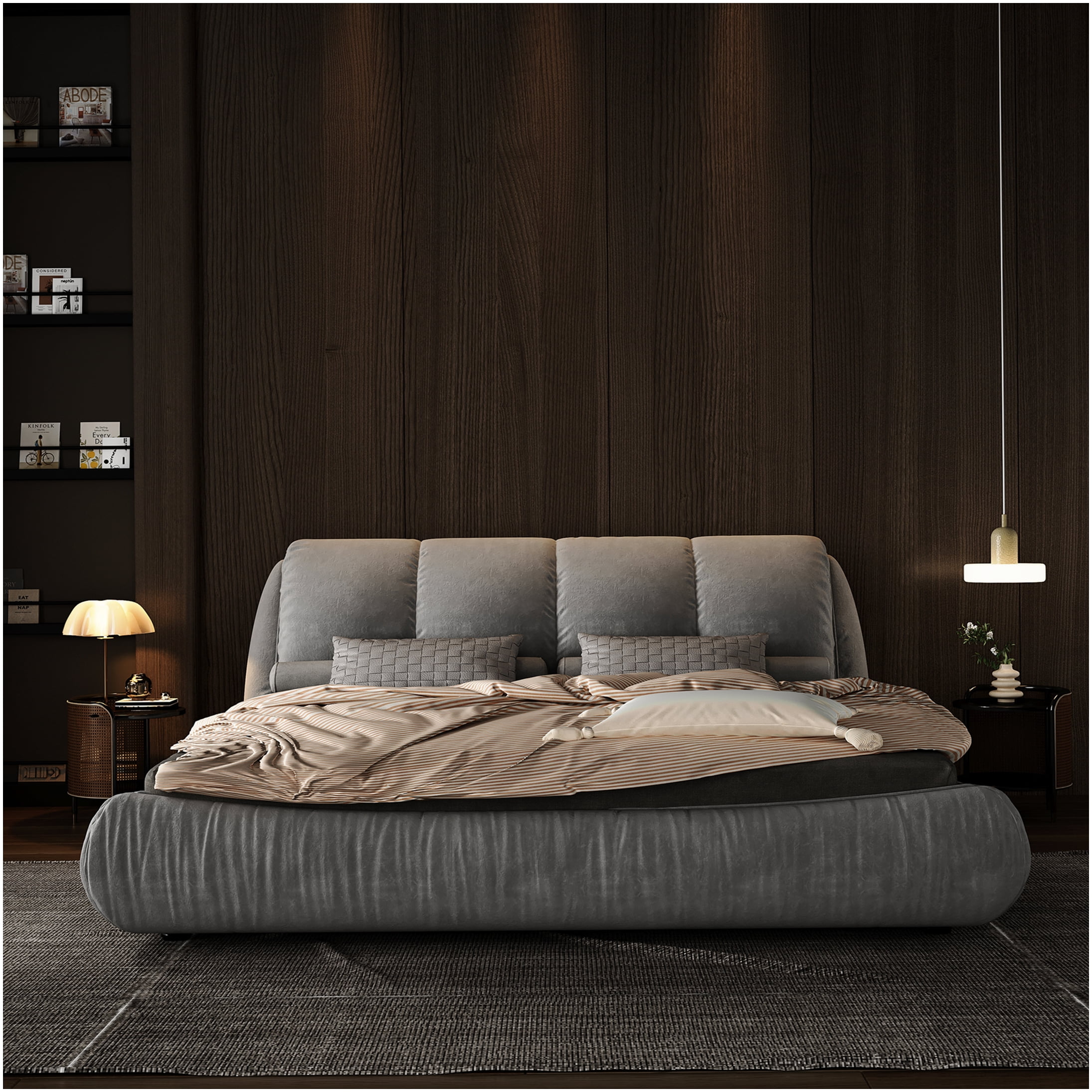 King Size Upholstered Bed Frame with Headboard, Grey Fabric Platform Bed, No Box Spring Needed, Heavy Duty Support