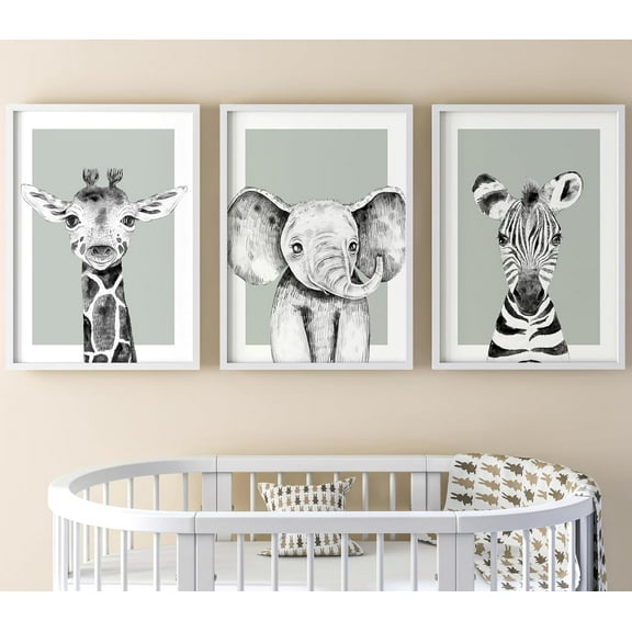 Safari Animals Baby Girl Boy Set of 3 Nursery Unframed Prints, Bedroom Decor Wall Art Posters, Black and White Elephant Giraffe Zebra, Blue Background (8x10)