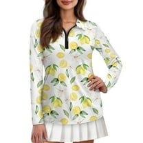 Yuyamidu Yellow Lemon Women's Long Sleeve Golf Shirts Flowers Athletic Tennis Shirts Soft Quarter Zip Golf Clothes Workout Pullover Tops Size XS