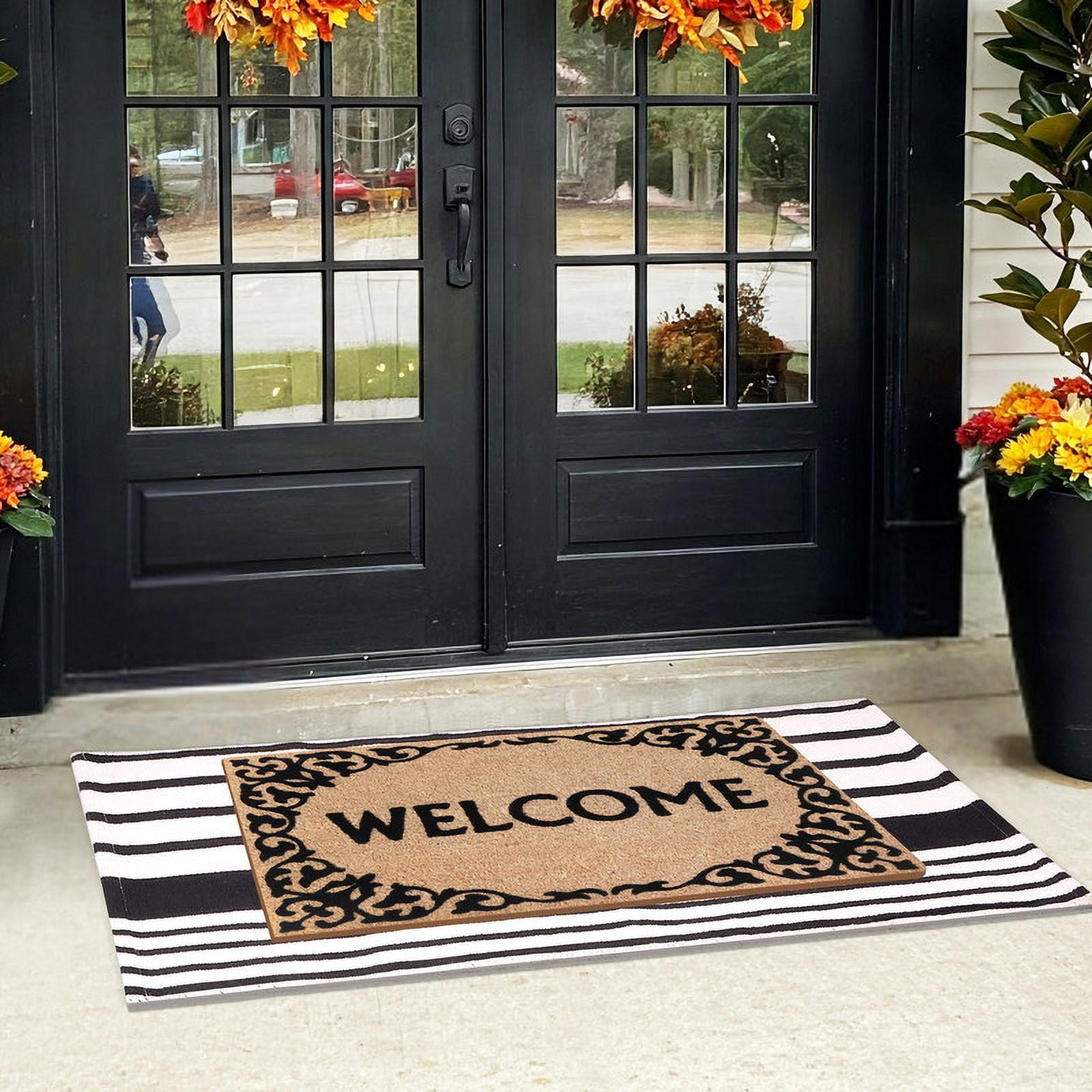 A1HC Coir Welcome Mat and Black & White Striped Cotton Rug Combo Set, 24"x36" & 24"x51", Hand-Woven Washable Entryway Décor