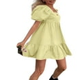 thumbnail image 2 of AMERTEER Femmes Robe Décontractée Couleur Unie Polyester Manches Courtes Col Carré Style Ourlet Volanté Mini Robes Jaune M, 2 of 5