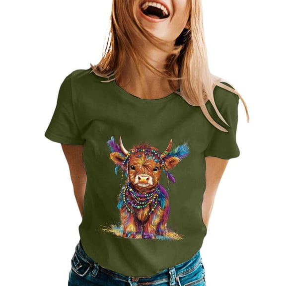 Womens Crewneck Tops Carnival Highland Cattle Printed Casual Loose T Shirts Short SLeeve Spring Summer Fashion Basic Blouses