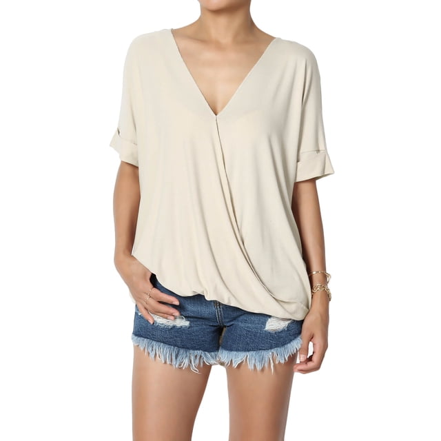 TheMoogan Haut en Tricot Crêpe pour Femme, Décontracté, Léger, à Manches Courtes, Portefeuille, Col en V, Asymétrique
