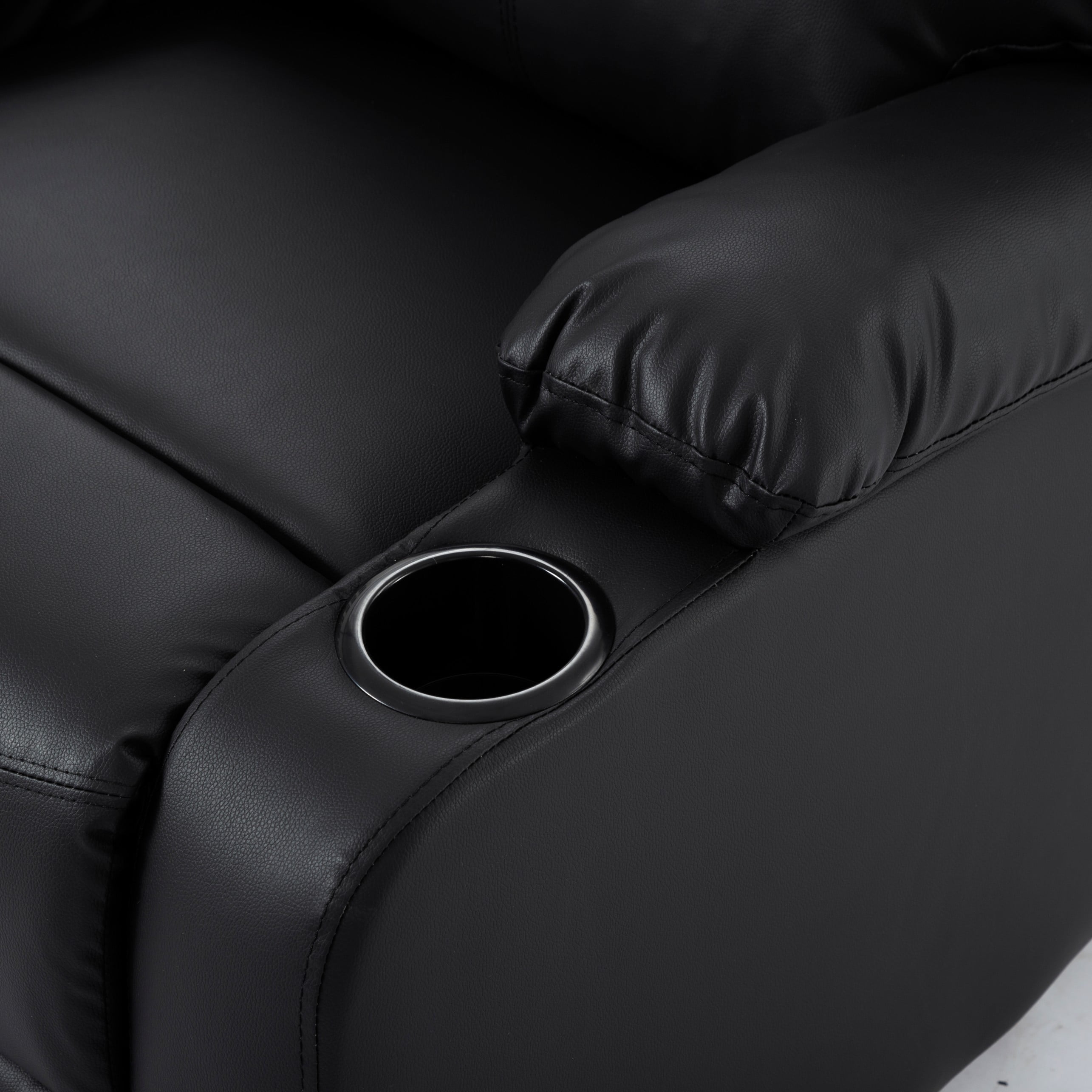 BSHTI Manual Recliner Chair with Phone Holder & Cup Holders, PU Upholstery, Ergonomic Backrest, Solid Wood Frame for Living Room & Bedroom(Black)