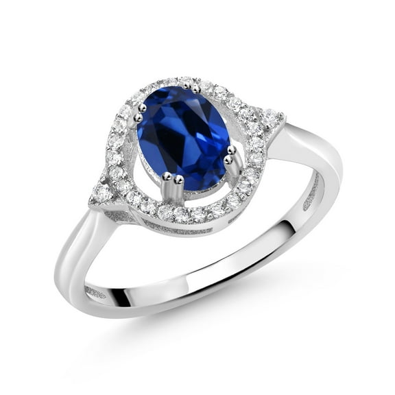 Gem Stone King 1.34 Cttw Blue Created Sapphire Ring for Women | 925 Sterling Silver | Oval 7X5MM | Wedding Engagement Anniversary Promise Ring for Women