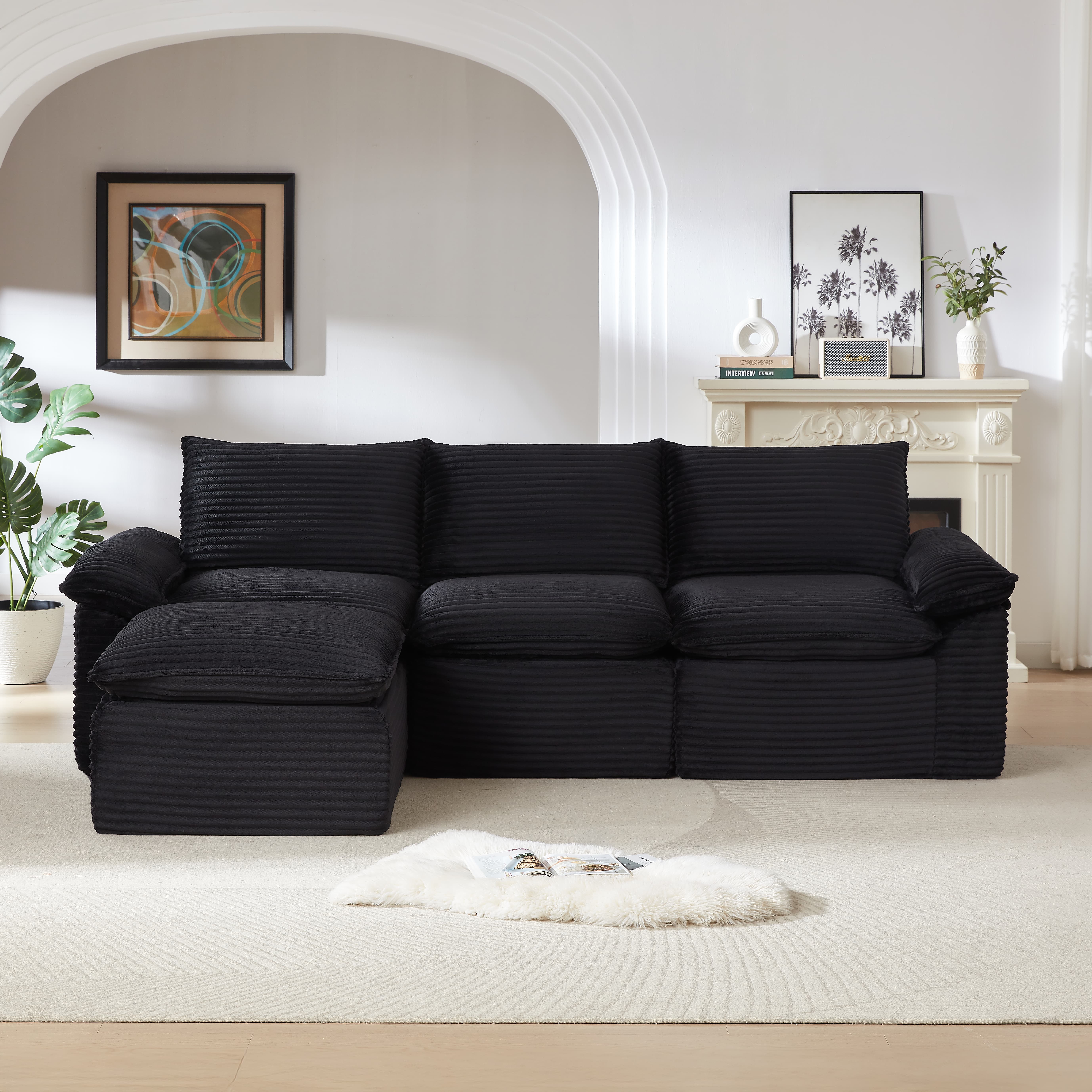 MAYEERTY Modern Modular Corduroy Sofa, Black Cloud-Soft Sectional Couch for Apartment