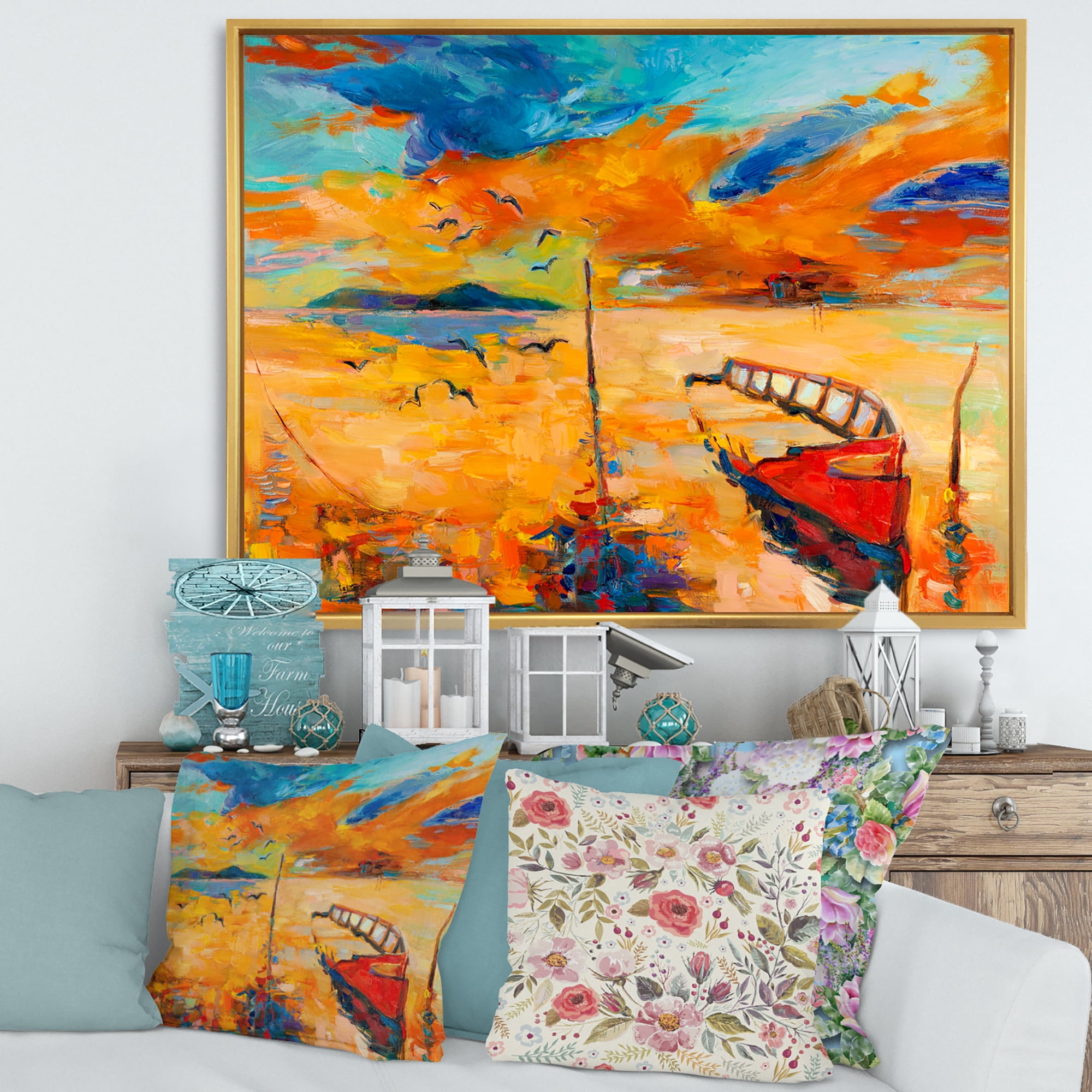 Designart 'Boat At The Lake During Evening Glow VIII' Nautical & Coastal Framed Canvas Wall Art Print