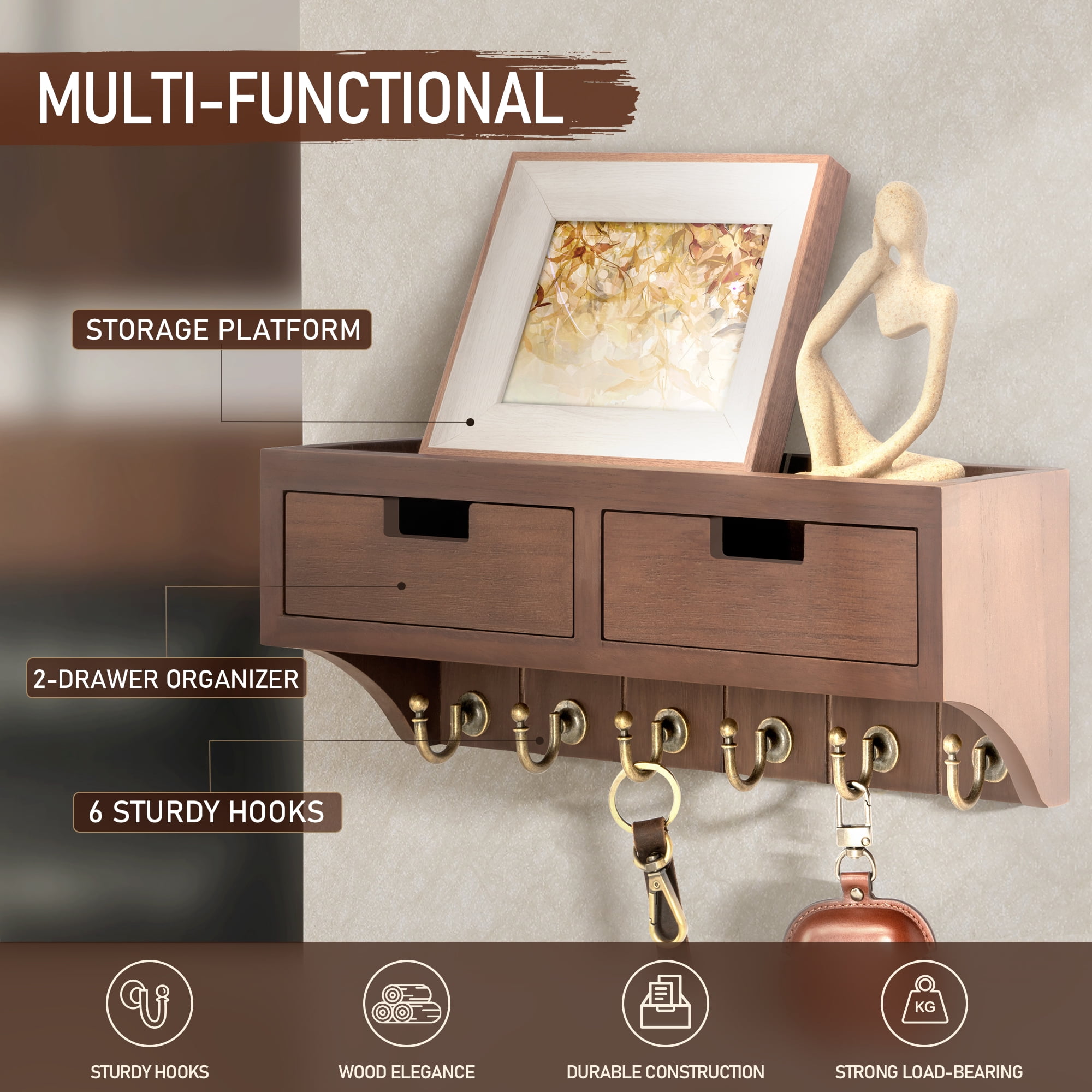 Rebee Vision Key Holder Wall Mount with 2 Drawer Organizer - Decorative Mail Organizer with 6 Key Hooks & Shelf (Brown, 14inch)