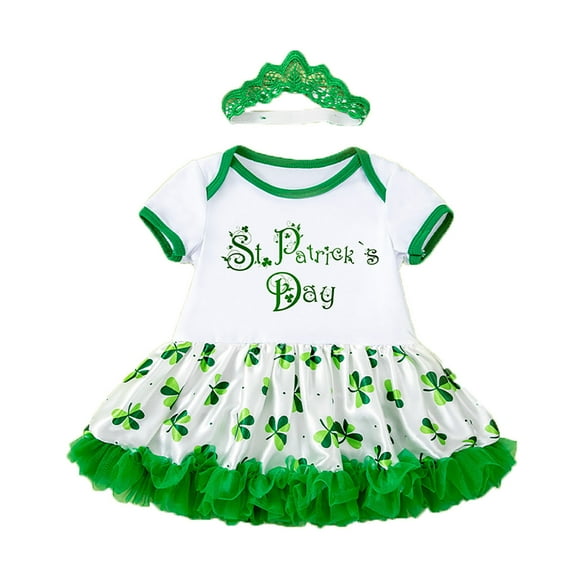 Baby Girl Outfits St. Patrick's Day Printed Short Sleeve Bodysuit Tutu Dress Bow Headband Baby Girl Clothes Dark Green 0 Months-3 Months