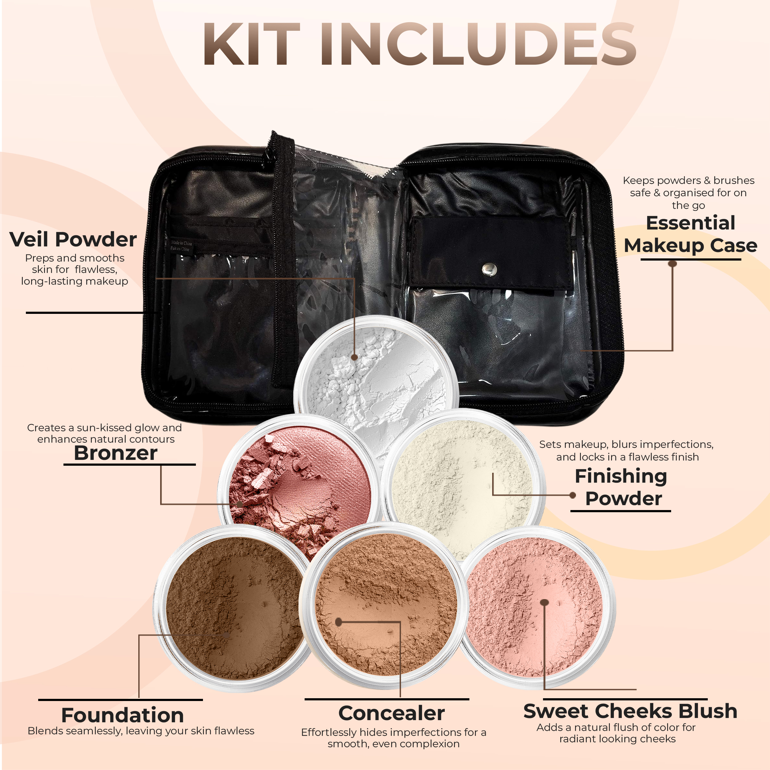 XXL KIT w/COSMETIC CASE (EBONY) Full Size Mineral Makeup Set Bare Face Foundation Powder Full Cover