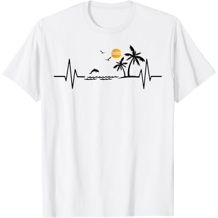 Heartbeat with Tropical Palm Trees Beach Island and Dolphin Unisex T-Shirt for Men Women Kids Toddler White Color Size M