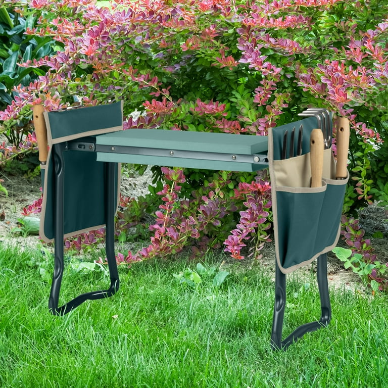 Pure Garden Kneeler Bench Foldable Stool with 2 Tool Pouches Green