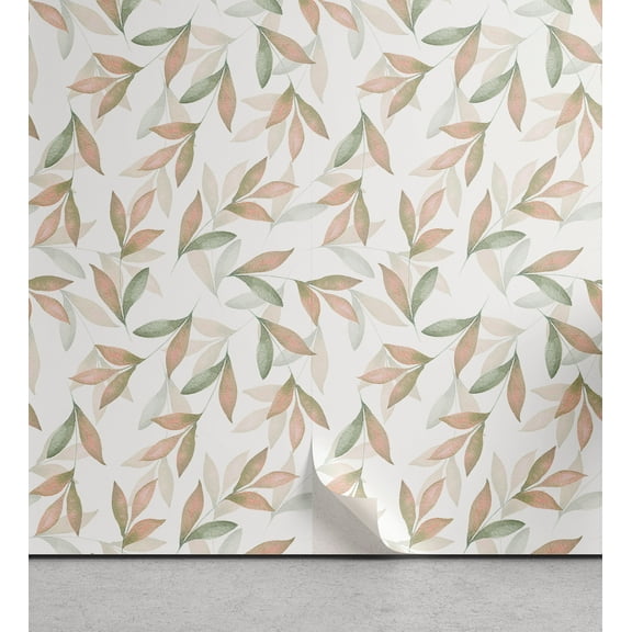 Ambesonne Botanical Peel & Stick Wallpaper for Home, Falling Leaves Vintage, 13"x36", Reseda Green and Salmon