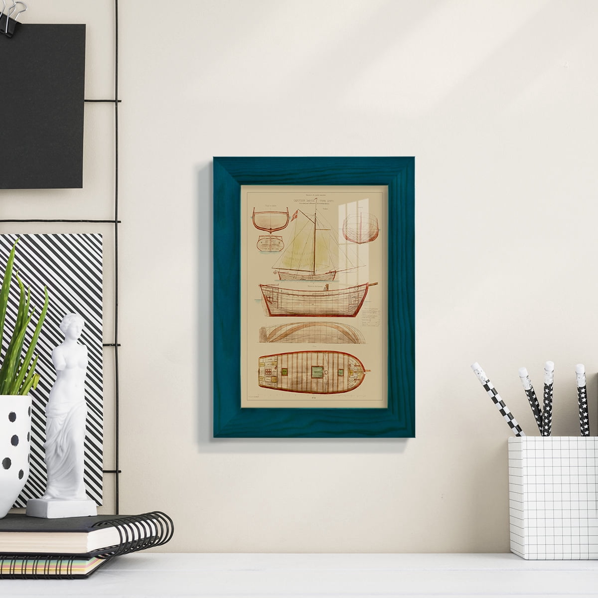 Antique Ship Plan III -Framed Print w/glass-Ocean Blue