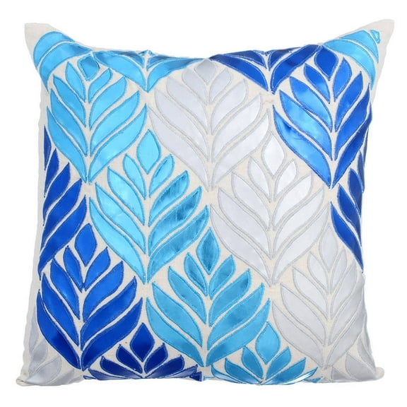 Pillow Cover, Beige Cushion Cover Zipped 16x16 inch (40x40 cm), Linen Pillow Covers, Nature & Floral, Maple Leaf, Metallic Blue Faux Leather, Applique, Art Deco - Leaving Blue
