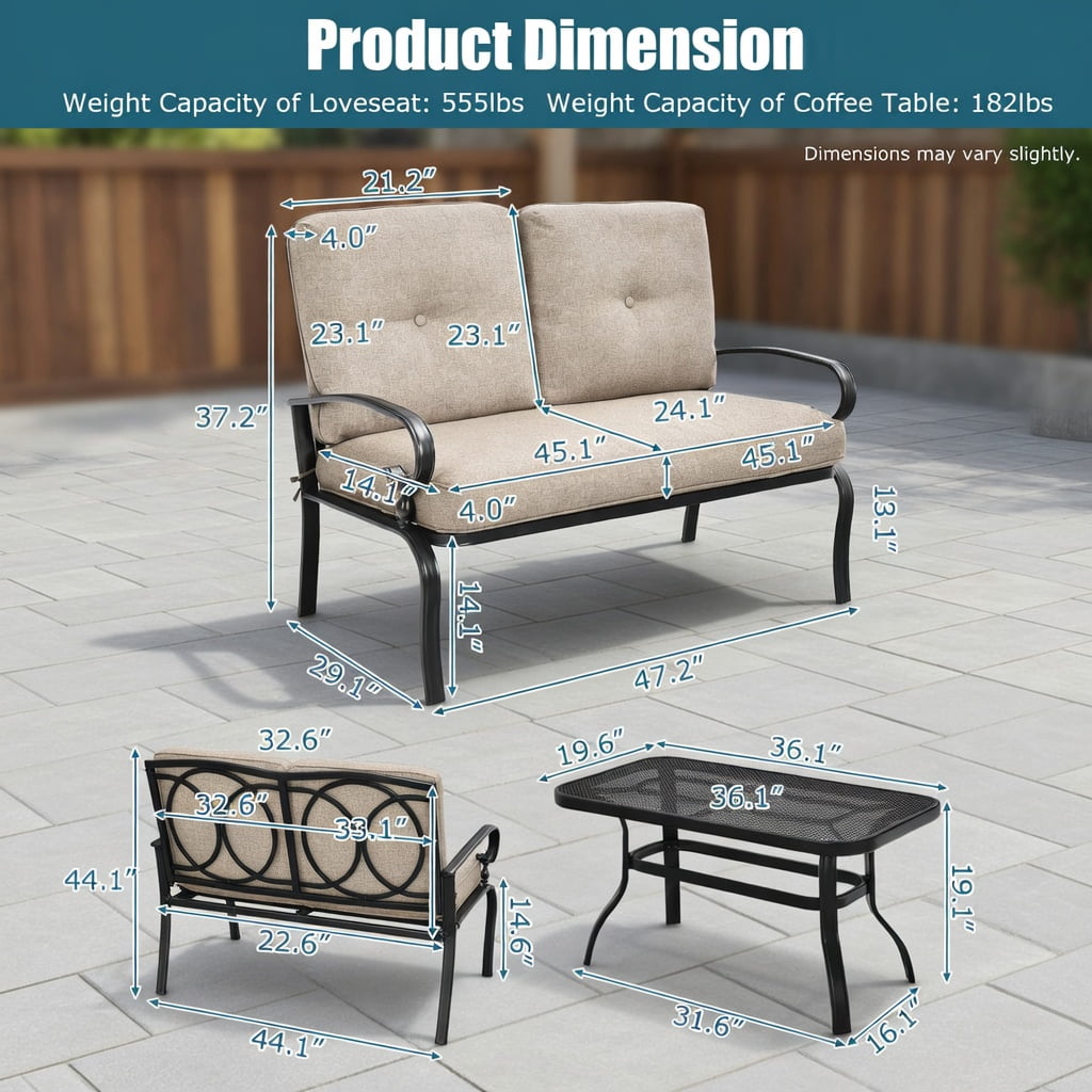 Hommoo 2-Piece Outdoor Patio Loveseat & Coffee Table Set, Steel Frame with Cushions, Weather-Resistant Garden Bench Set for Balcony, Poolside, or Living Room, Beige