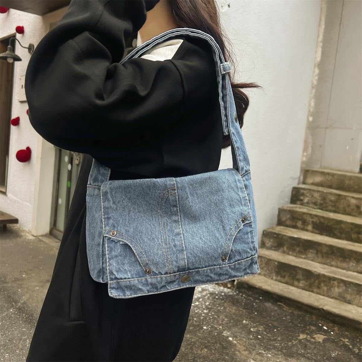 CoCoMangos Denim Shoulder Bag for Women Satchels Large Crossbody Handbag Jean Casual Tote Purse