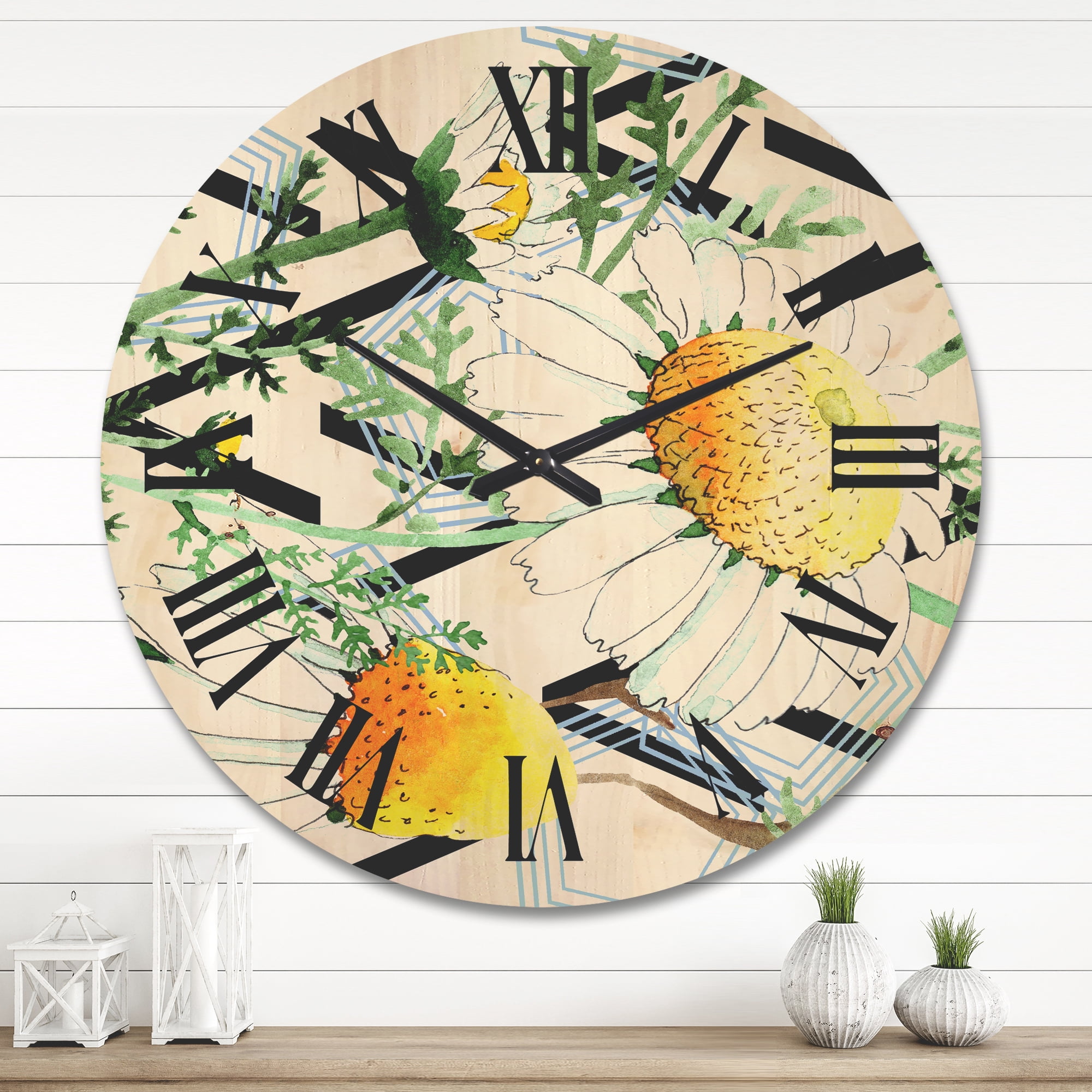 Designart 'Wild Spring Chamomile Flowers On Geometric Lines' Traditional Wood Wall Clock