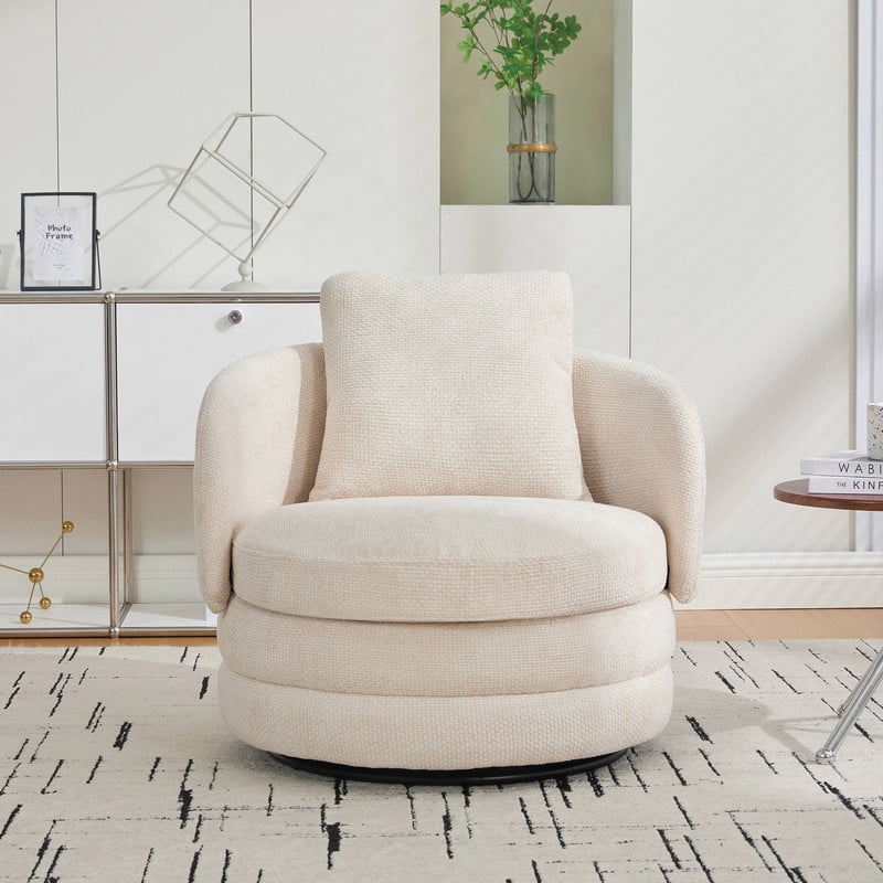 360° Modern Swivel Barrel Accent Chair, Chenille Upholstered Lounge Armchair with Pillow, Comfy Round Sofa Reading Chair for Living Room, Bedroom, Beige