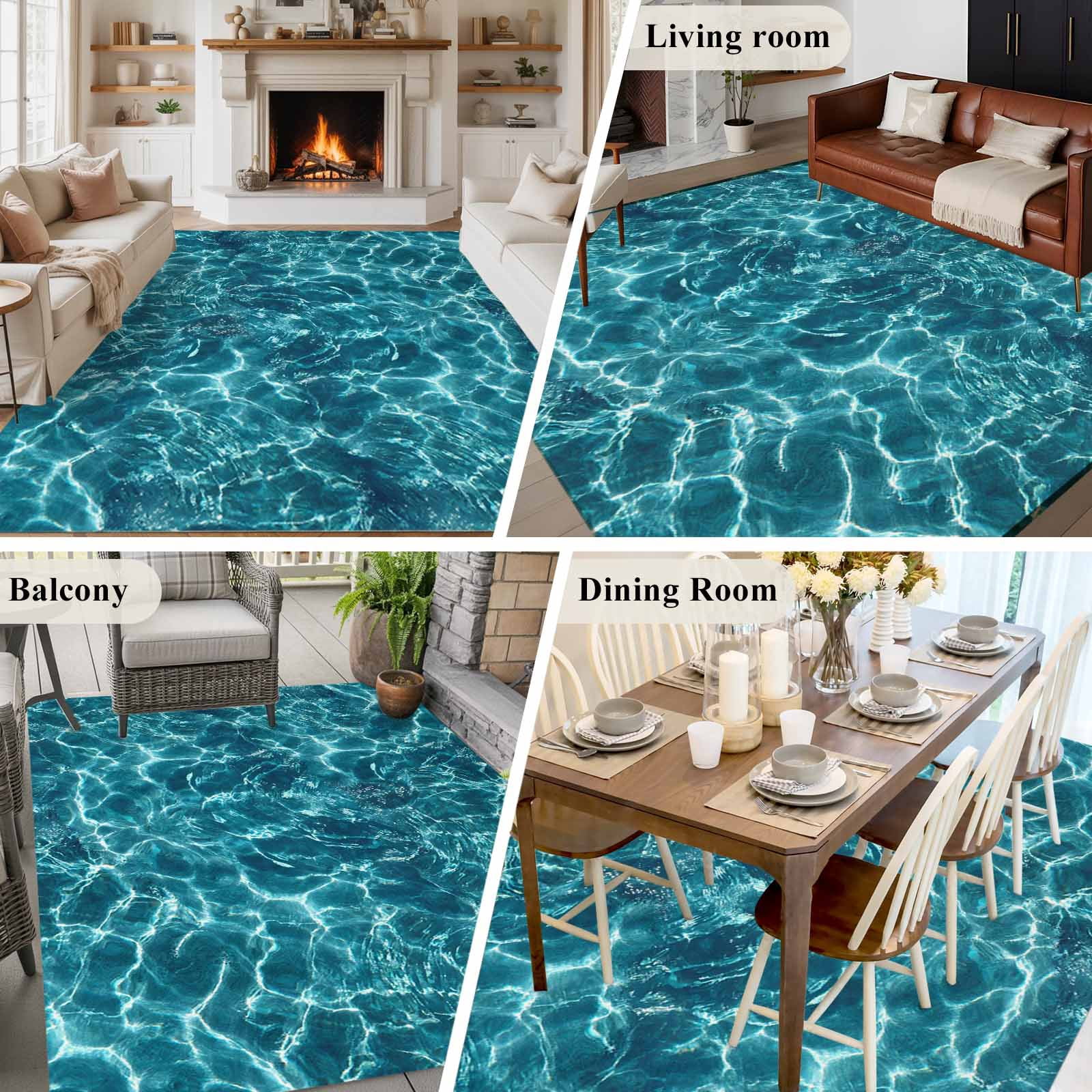 Large Area Rugs for Living Room Bedroom, Teal Green Ocean Waves 5'x8' Rug Washable Carpet Runner Indoor Outdoor, Summer Sea Pool Non Slip Floor Mats Rug for Kitchen, Bathroom
