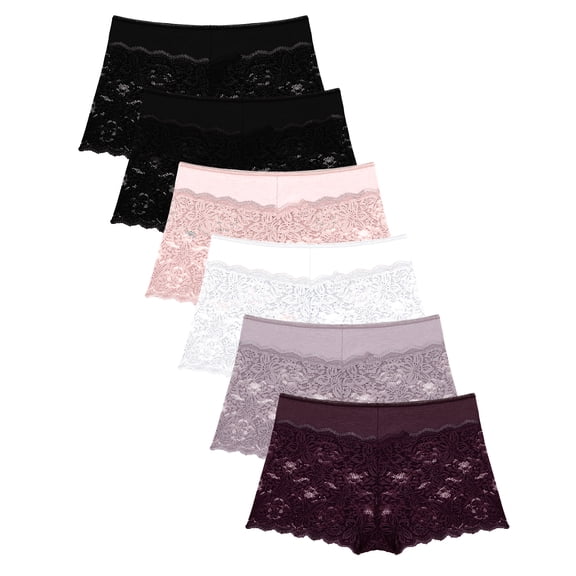 FINETOO Lace Underwear For Women Boy Shorts Cheeky Breathable Panties Invisible Embroidery Floral Briefs S-XL 6 Pack