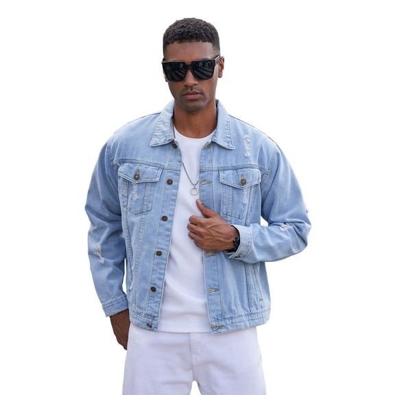 LZLER Casual Jean Jacket for Men Ripped Sports Denim Jacket