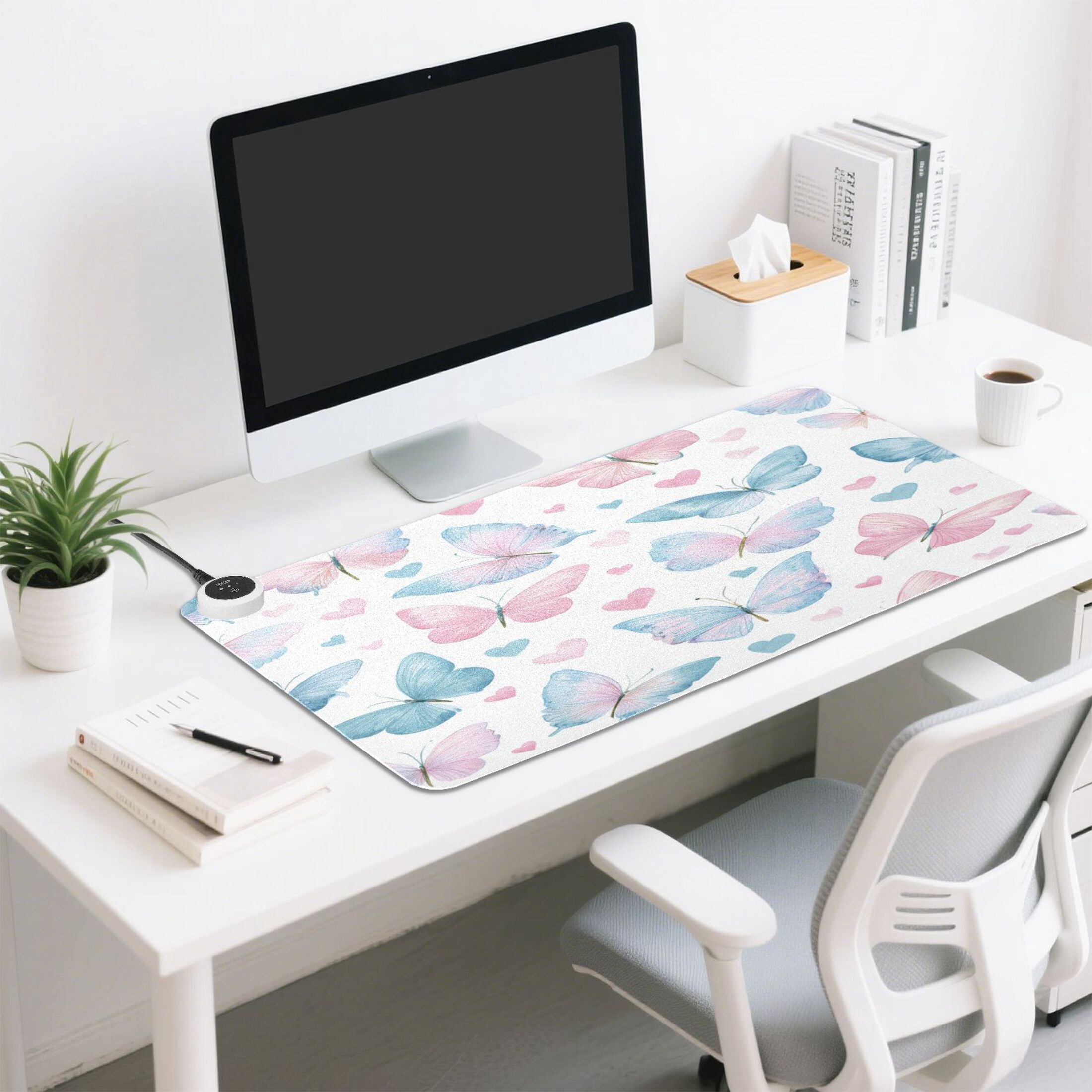 Large Heated Desk Mat Mouse Pad 31.5"x13"PU Leather Graphene Heating Desk Warmer with 3 Temperature Settings 110V US Plug Non-Slip Warm Pad for Home, Office, and Gaming Gentle Pastel Butterfly Print
