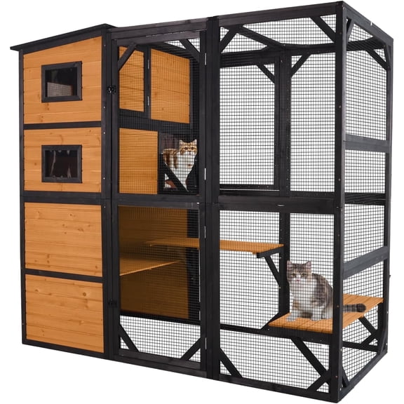 MEDEHOO Large Catio Outdoor Cat Enclosure, 77 Inch Weatherproof Cat House with Connectable Window Box, 4-Tier Wooden Cat Cage with Multi-Level Platforms & Resting Areas (Brown)