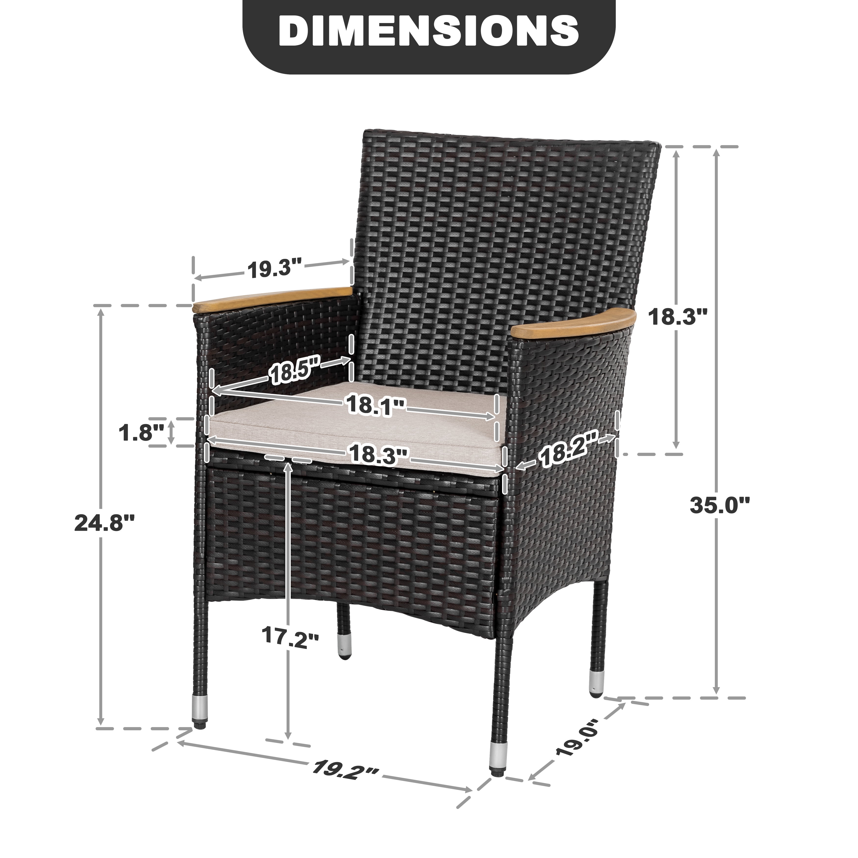 Nuu Garden Patio Chairs Set of 2, Outdoor Dining Chairs with Handwoven Wicker and Acacia Wood Armrests, All Weather Dining Chairs with Cushions for Outside, Black and Beige
