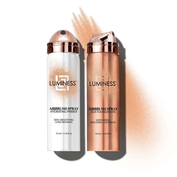 LUMINESS Silk Airbrush Spray Foundation & Primer Kit - Base de completa Fórmula antienvejecimiento hidrata e hidrata con ácido hialurónico aloe vera y seda hidrolizada (sombra - medio cálido)