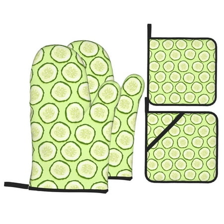 

Oven Mitts and Pot Holders 4 pcs Set cute Cucumber slices Heat Resistant Pot Holders Oven Mitts for kitchen Non-Slip Hanging Loop Oven Glove Potholders for Baking Cooking
