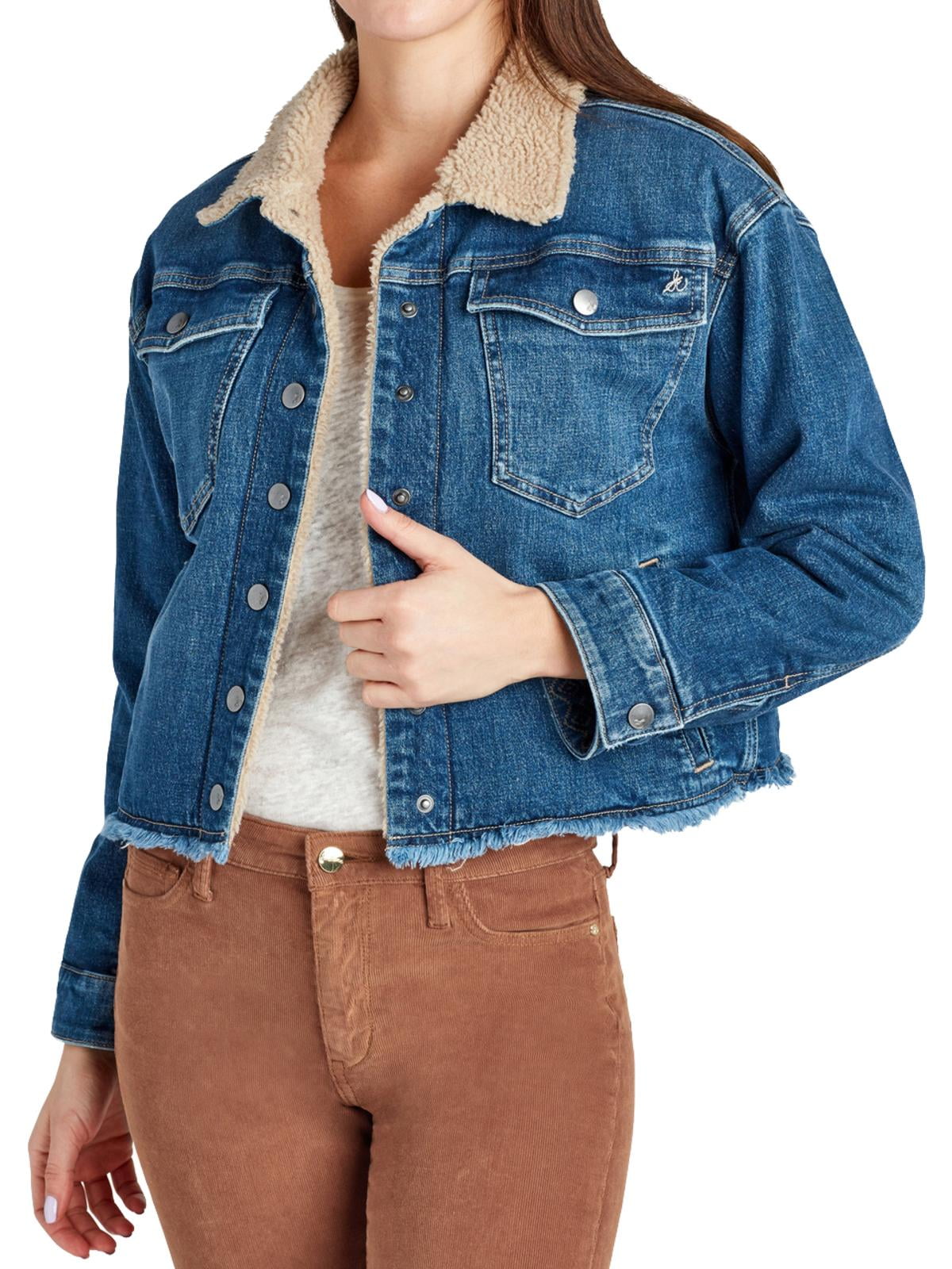 distressed denim jacket with fur