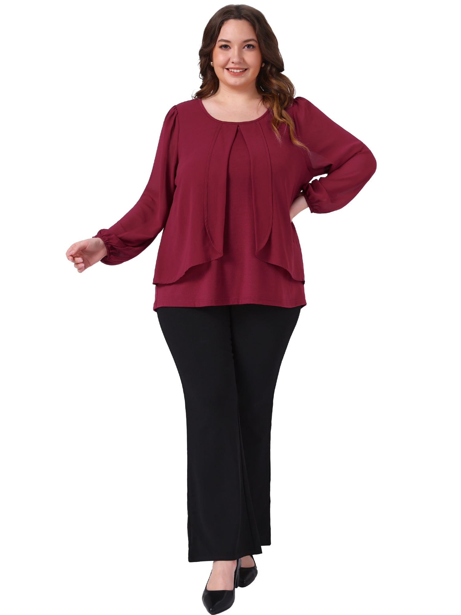 DARING DIVA Women's Plus Long Sleeve Blouse Dressy Work Shirts 2X Burgundy
