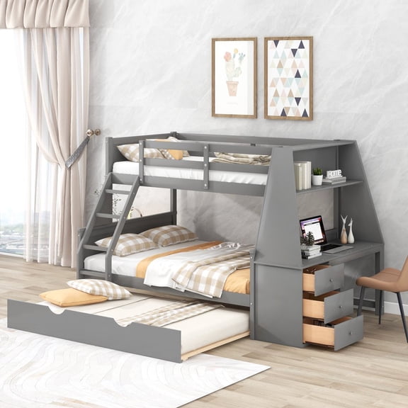 Hassch Twin Over Full Bunk Bed with Trundle and Built-in Desk, Solid Wood Bunk Bed Frame with Three Storage Drawers and Shelf (Gray)