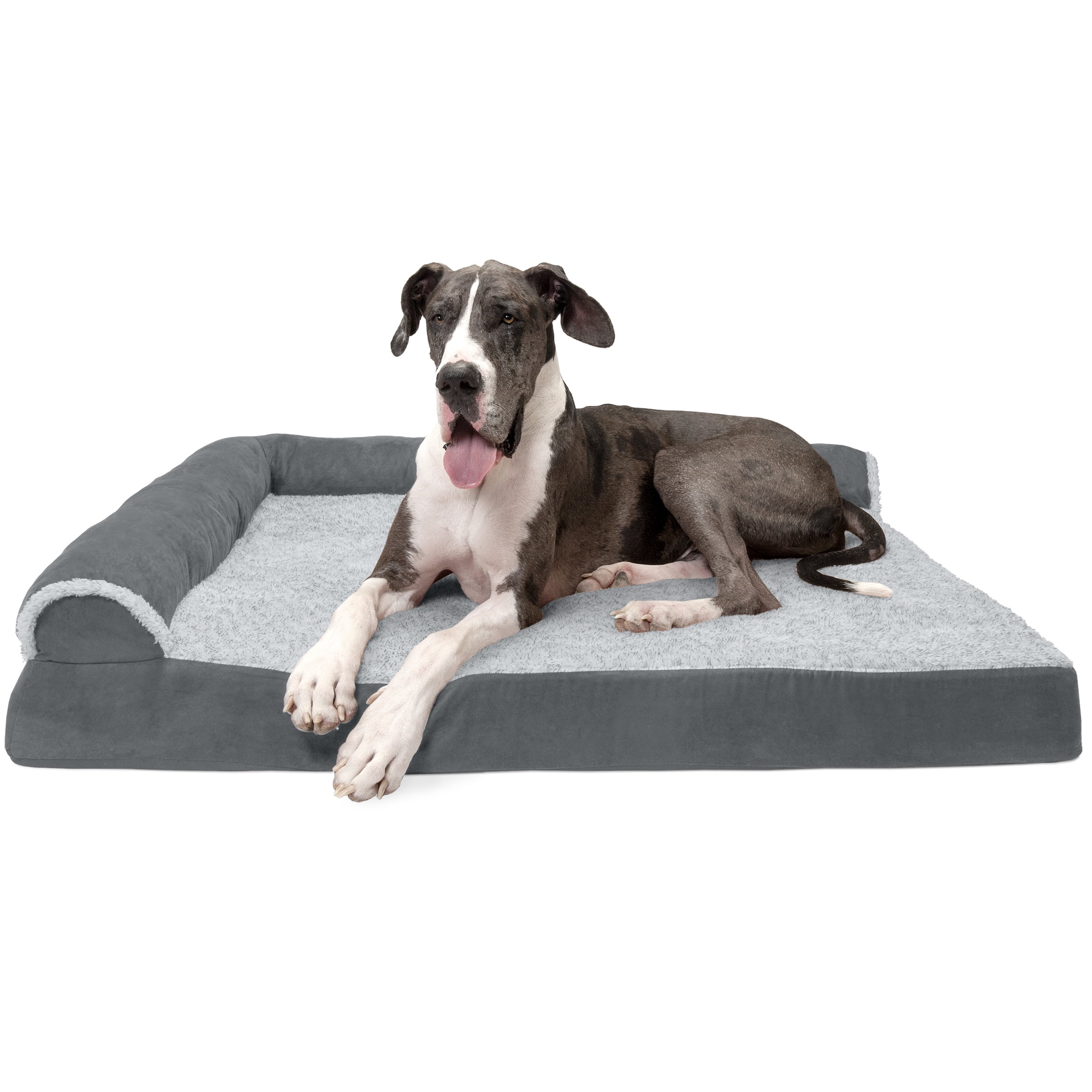 FurHaven Pet Dog Bed Deluxe Orthopedic Faux Fur & Suede LShaped
