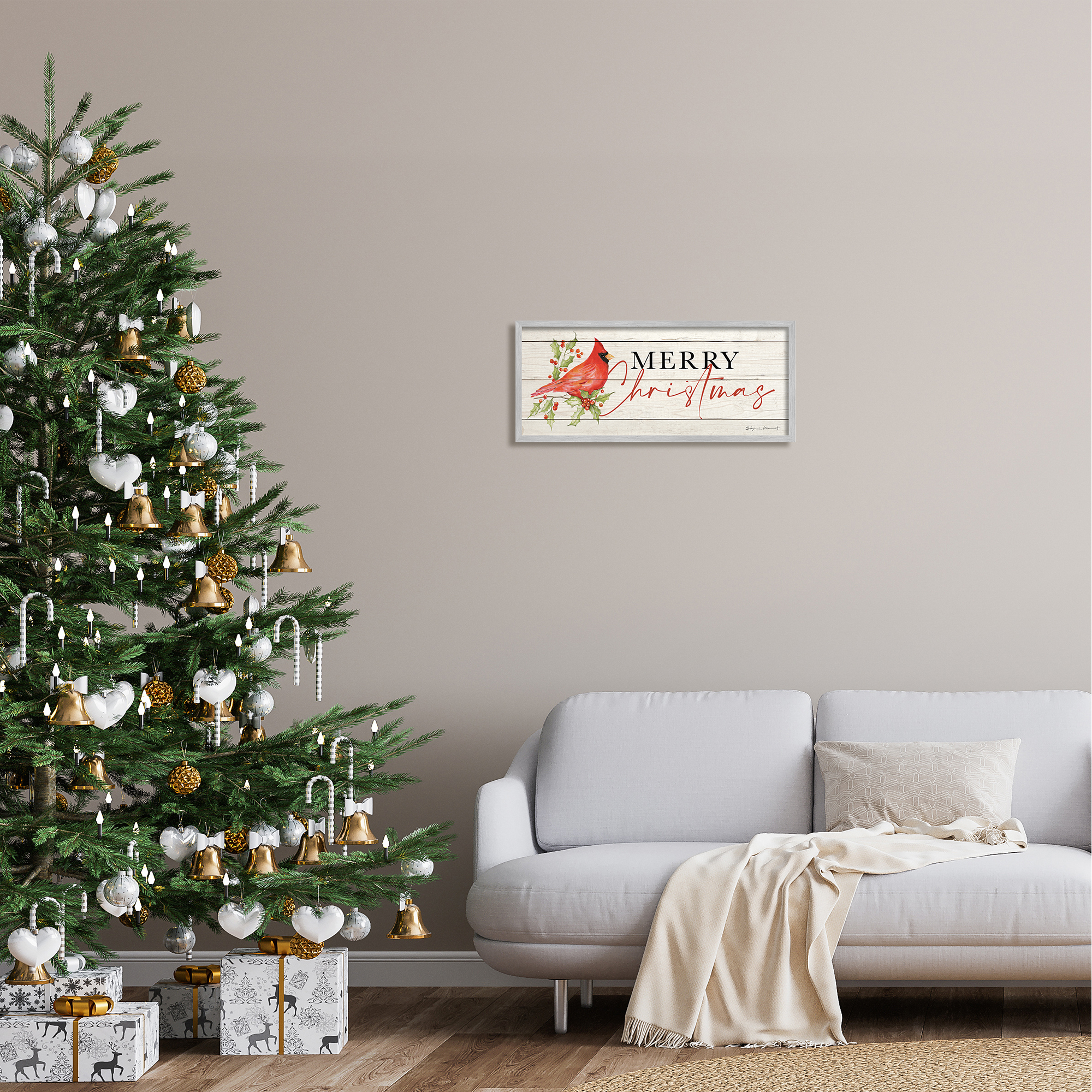Stupell Industries Merry Christmas Holiday Cardinal Holiday Painting Gray Framed Art Print Wall Art