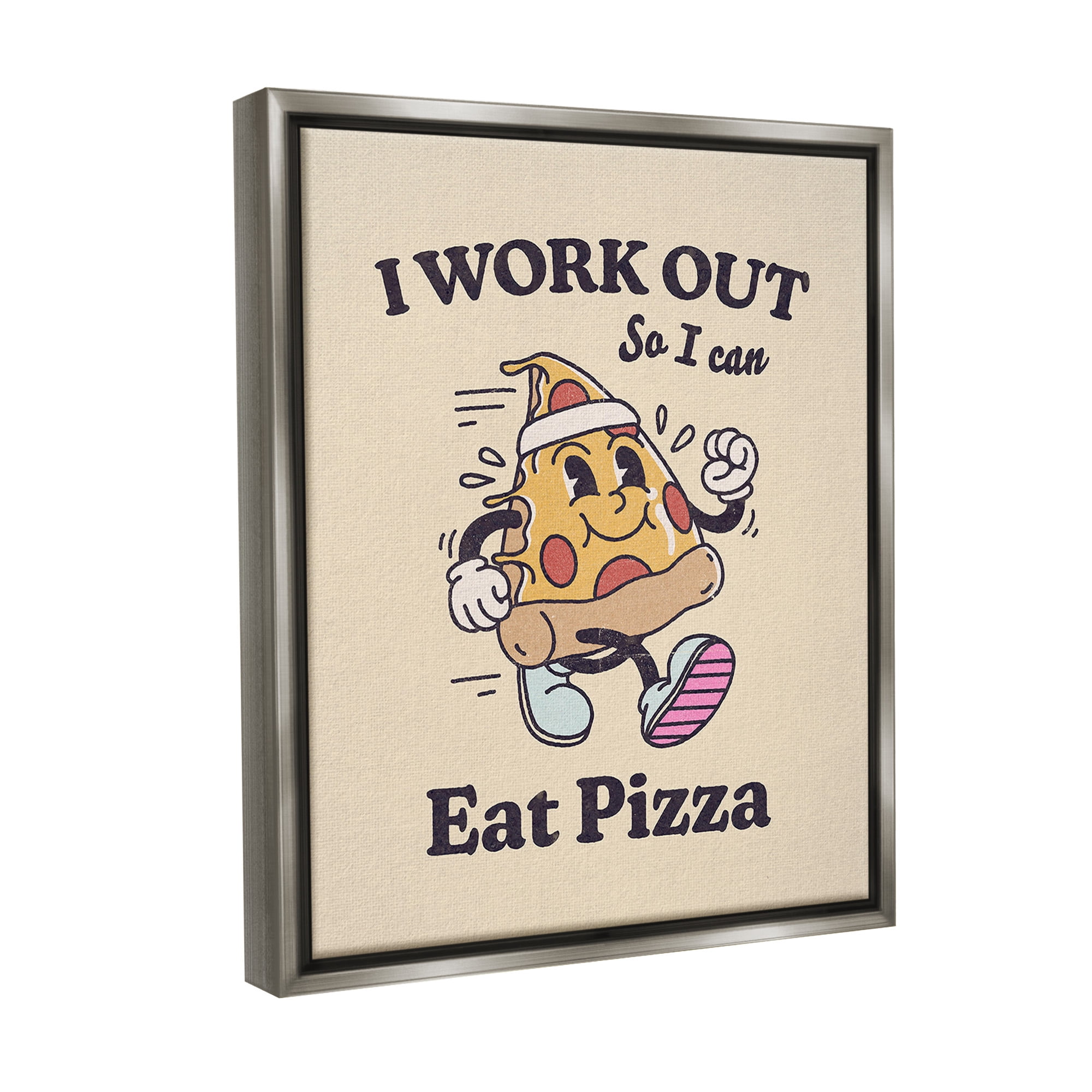 Stupell Industries Work Out To Eat Pizza Food & Beverage Painting Gray Floater Framed Canvas Art Print Wall Art, 17 x 21