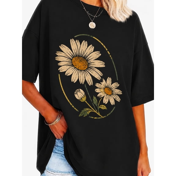 Women’s Vintage Daisy Flower Graphic T‑Shirt, Boho Floral Print Short Sleeve Oversized Casual Tee