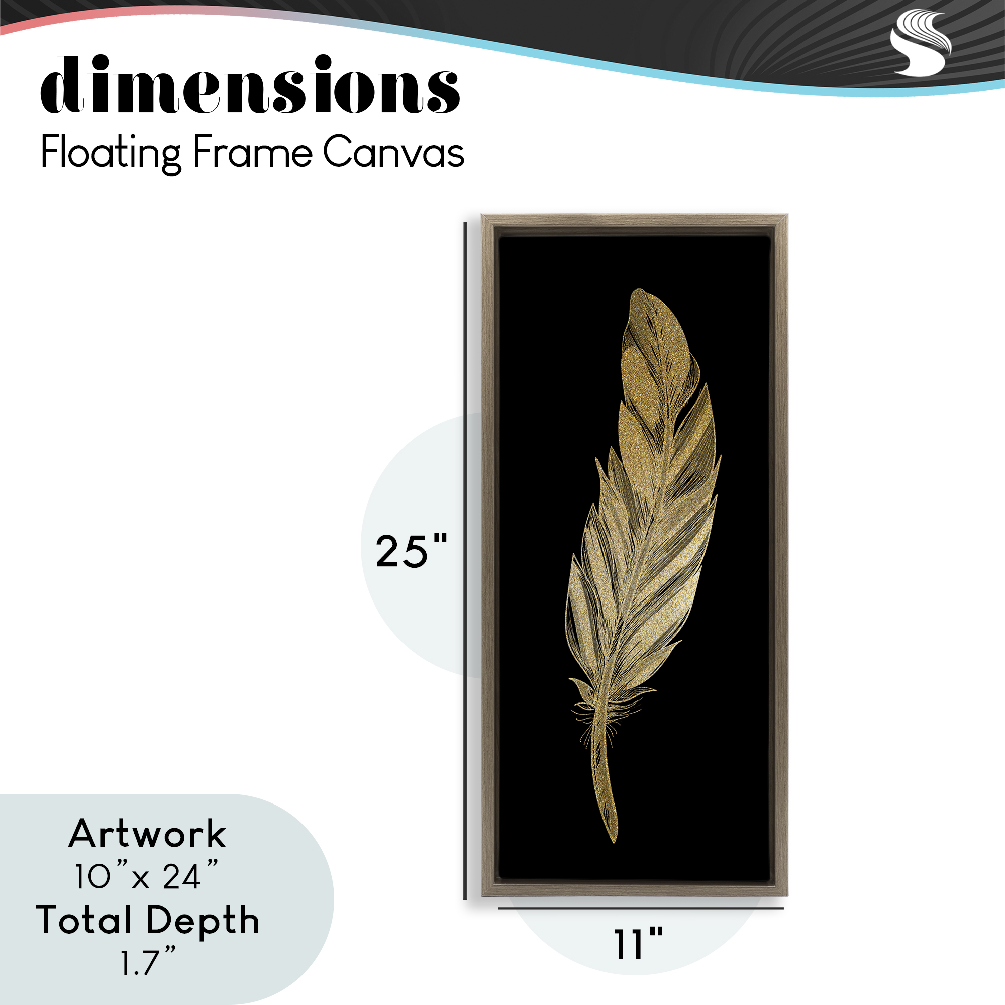 Glam Feather Black & Gold Brown Framed Floater Canvas Wall Art, design by Kim Allen