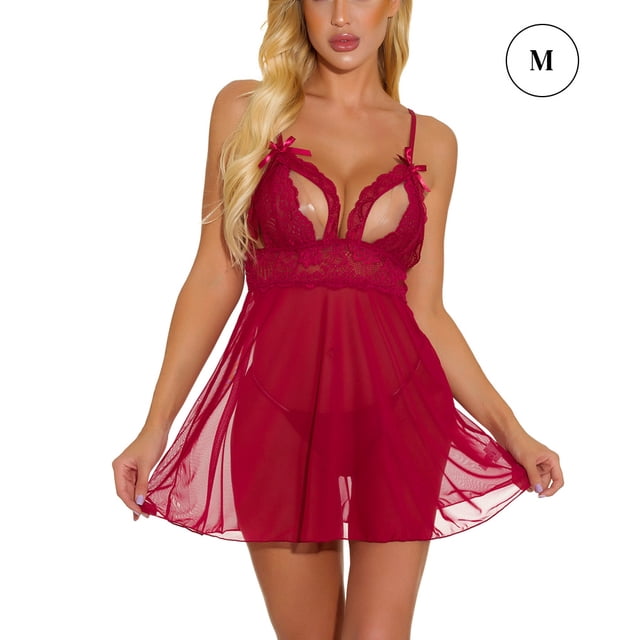 Vestido de dormir sexy para mujer Conjunto de lencería en V profundo Conjunto de ropa interior Camisón, Rojo, M kenally XX000095-03