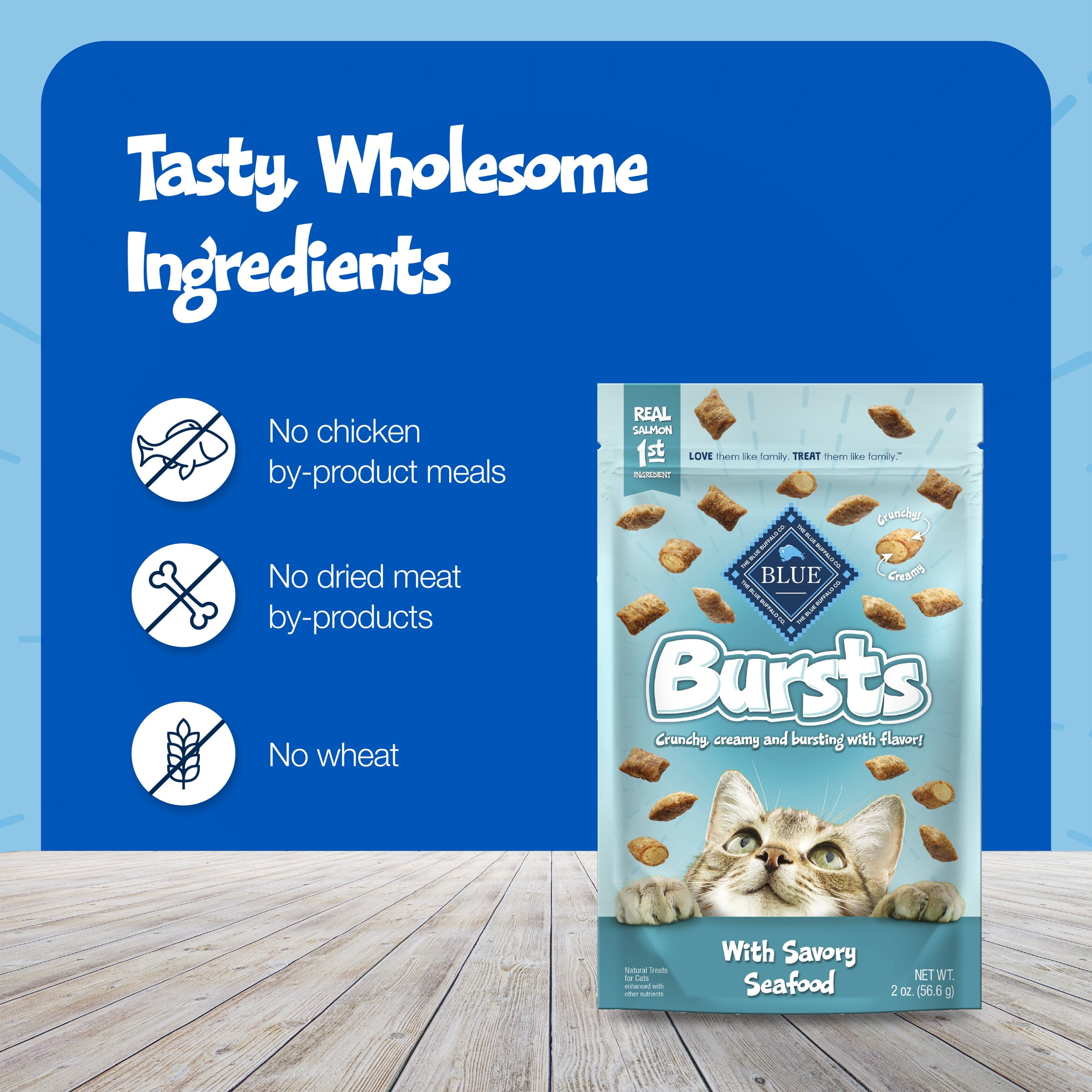 (2 pack) Blue Buffalo Bursts Crunchy & Creamy Cat Dry Treats, Great for Training, Seafood, 5-oz. Bag
