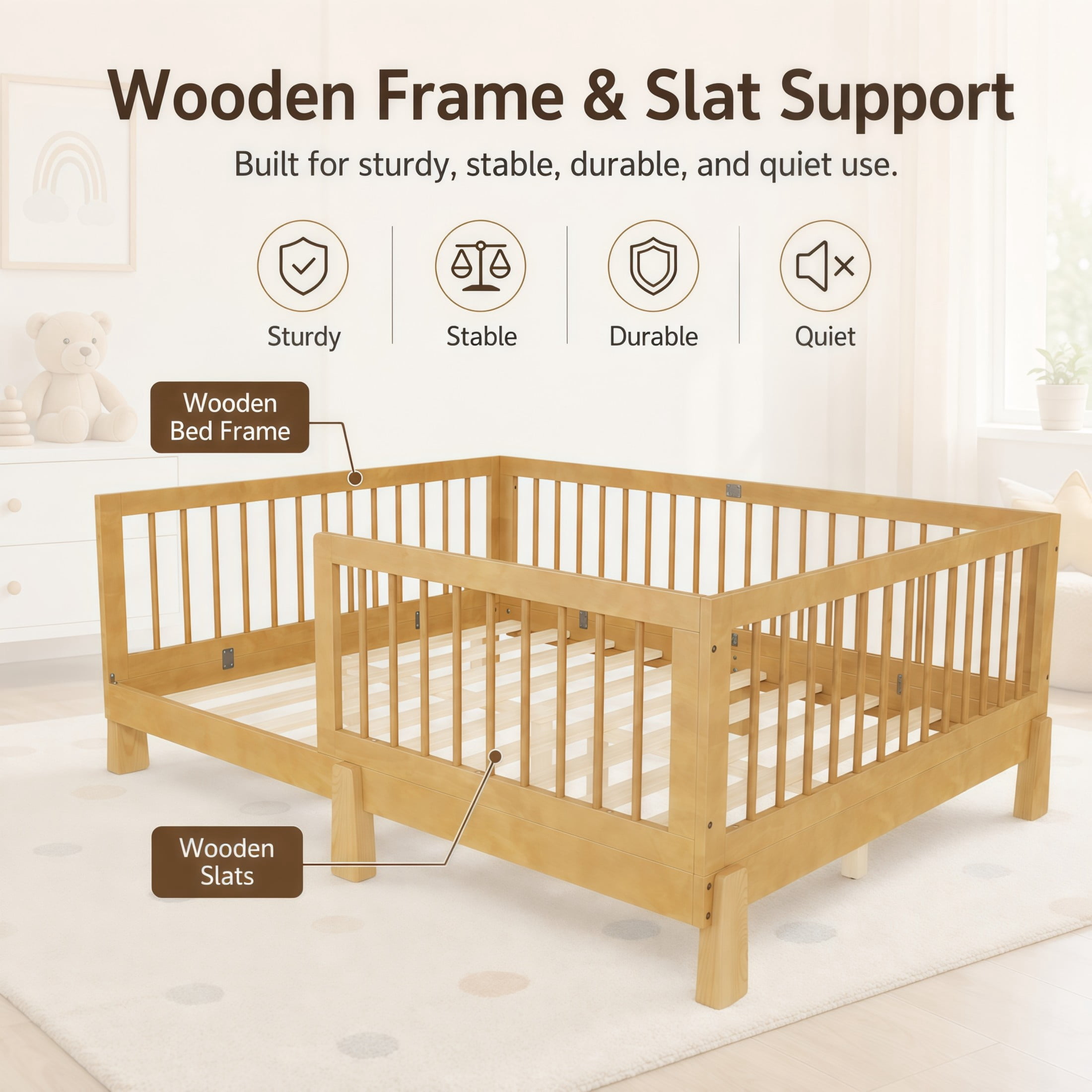 GDF Studio Rolley Full-Size 3-in-1 Convertible Montessori Floor Bed with Guardrails, Pine Wood Kids Bed Frame, Natural
