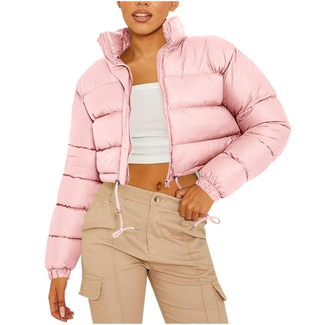 hoksml Women's Cropped Puffer Jacket with Drawstring Hem, Stand Collar Boxy Zip Front Casual Streetwear Short Jacket