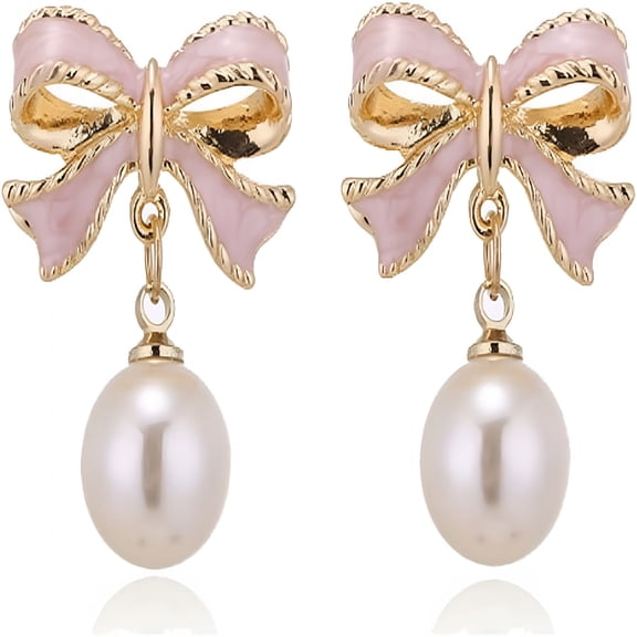 DESIGNICE Bow Earrings for Women - Gold, Silver - Dangle - Rhinestone Crystal Red Pearl Bow Dangle Drop Earrings - Preppy Cute Teen Accessories