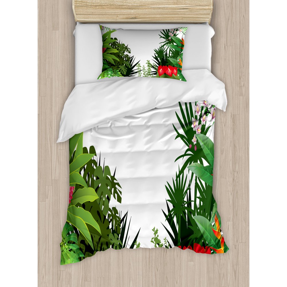 Jungle Twin Size Duvet Cover Set, Rainforest Vegetation Tropical Leaves