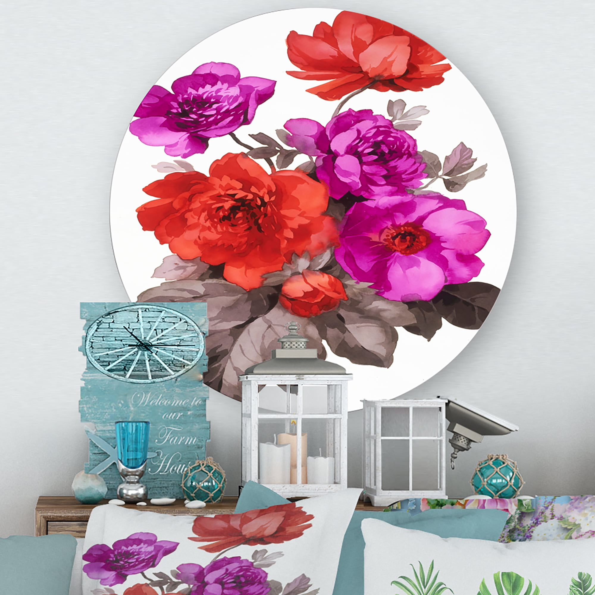 Designart 'Fuchia and Red Flowers' Traditional Circle Metal Wall Art 23x23 - Disc of 23