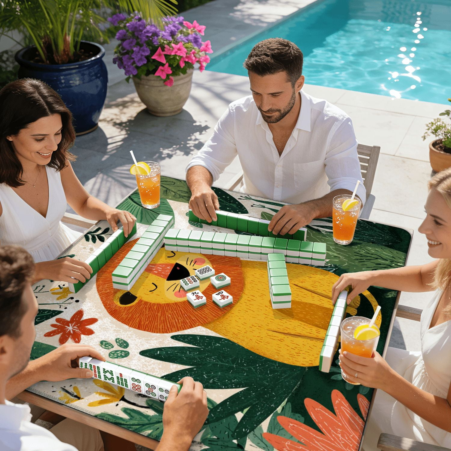 Mahjong Mat 31.5" x 31.5" Cute lion jungle seamless Hand drawn for Non-Slip Noise Reduction American Mahjong Tiles Table Cover for Dominoes Poker Card Board Games Gift